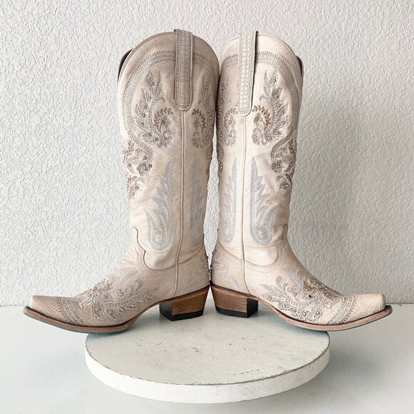 Lane Santorini White Cowboy Boots Womens 6.5 Western Wedding Snip Toe Tall Bling - Picture 8 of 12